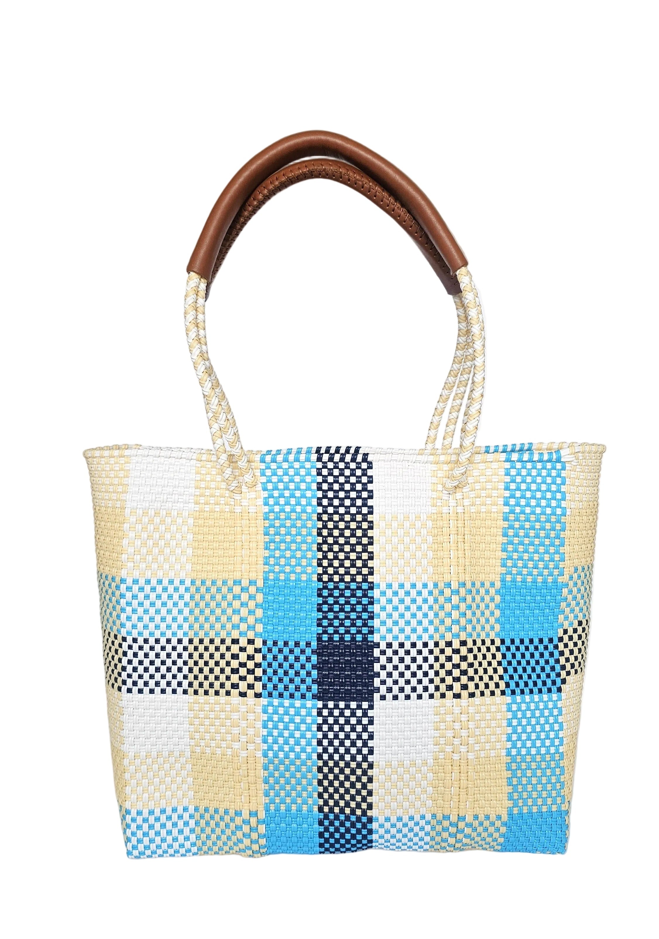 Woven tote bag with plaid pattern and wooden handle on a white background