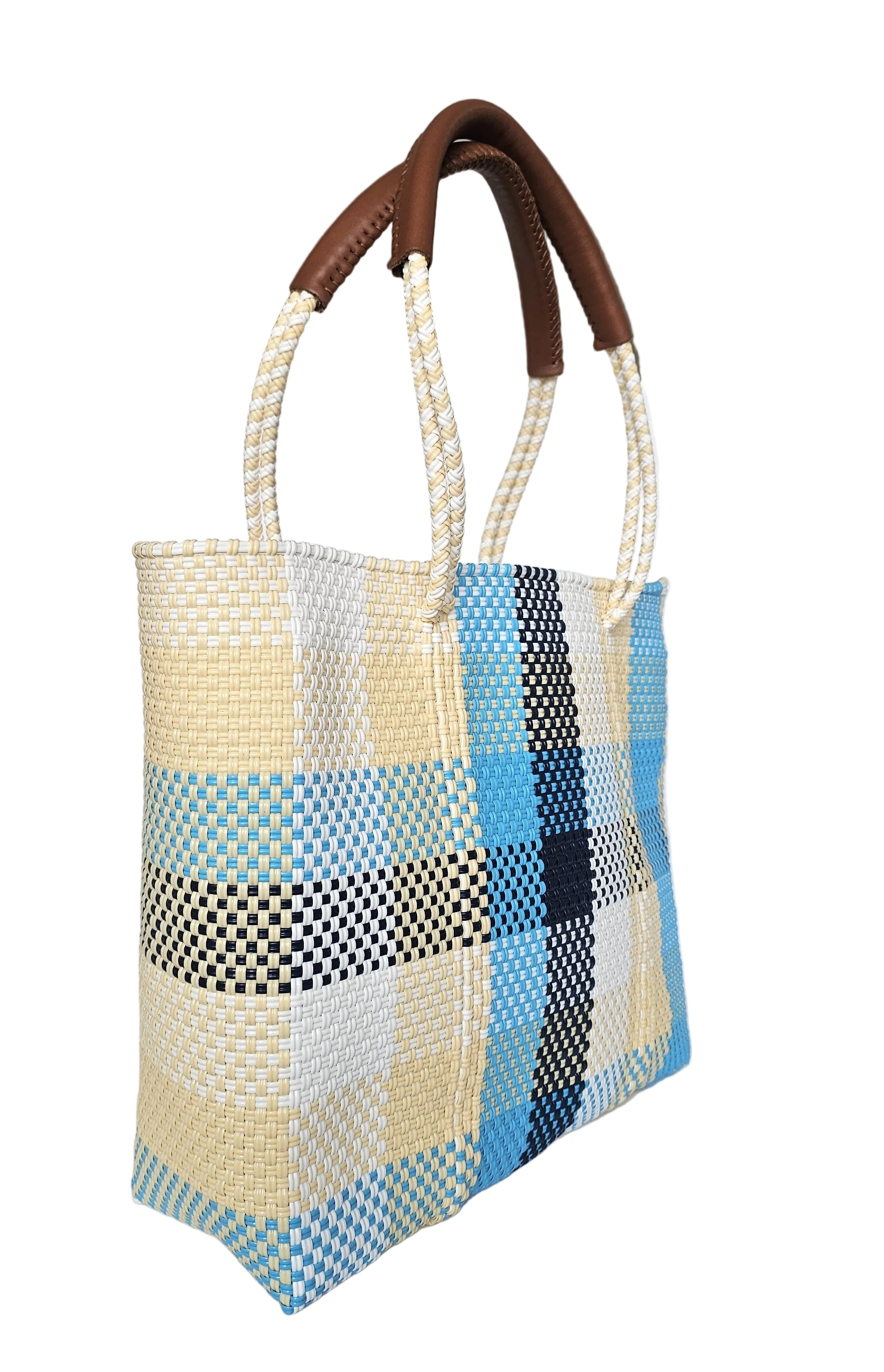 Woven tote bag with plaid pattern on a white surface