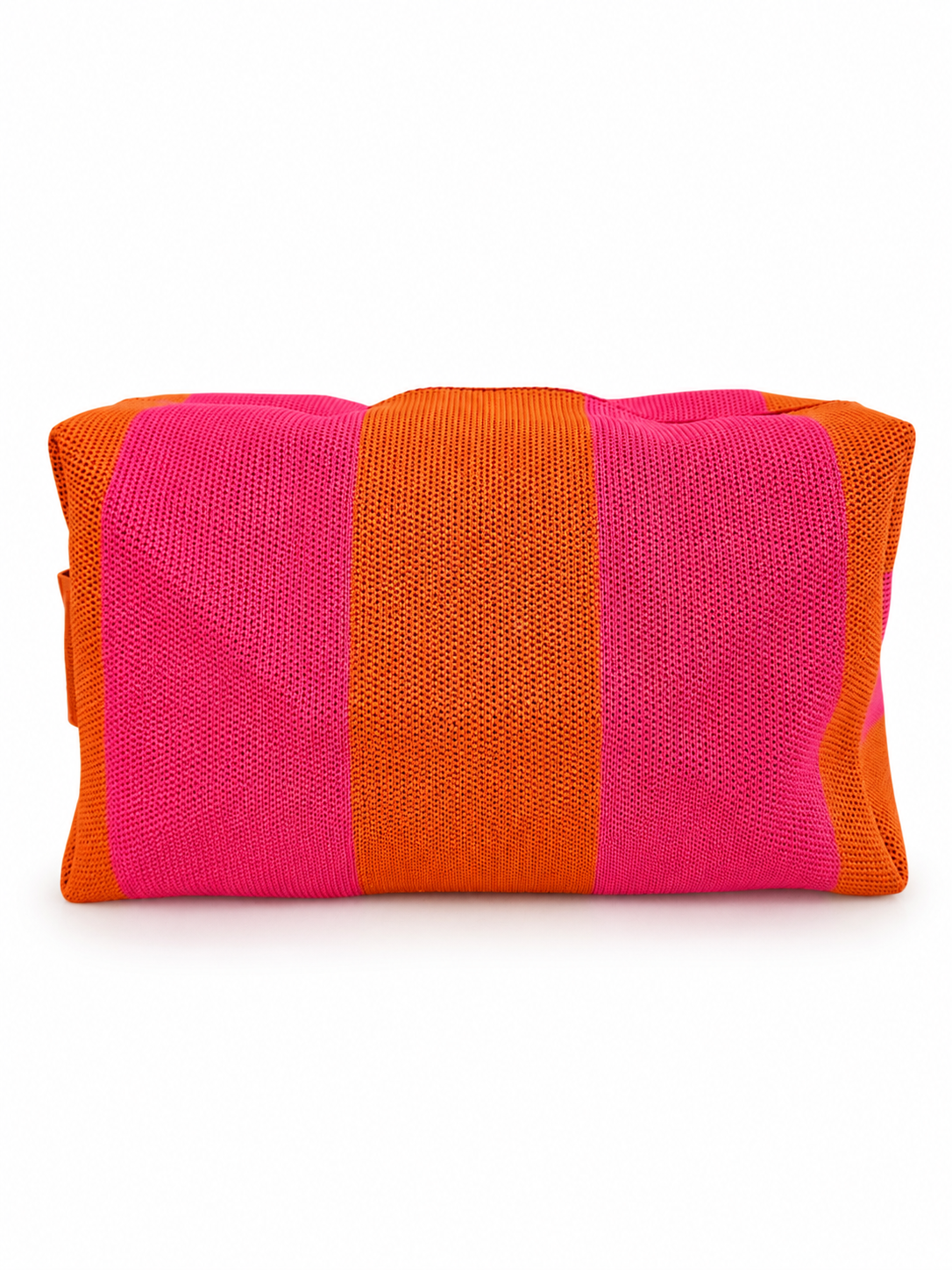 A rectangular woven pouch or cosmetic bag with bold vertical stripes in hot pink and bright orange, shown against a plain white background.