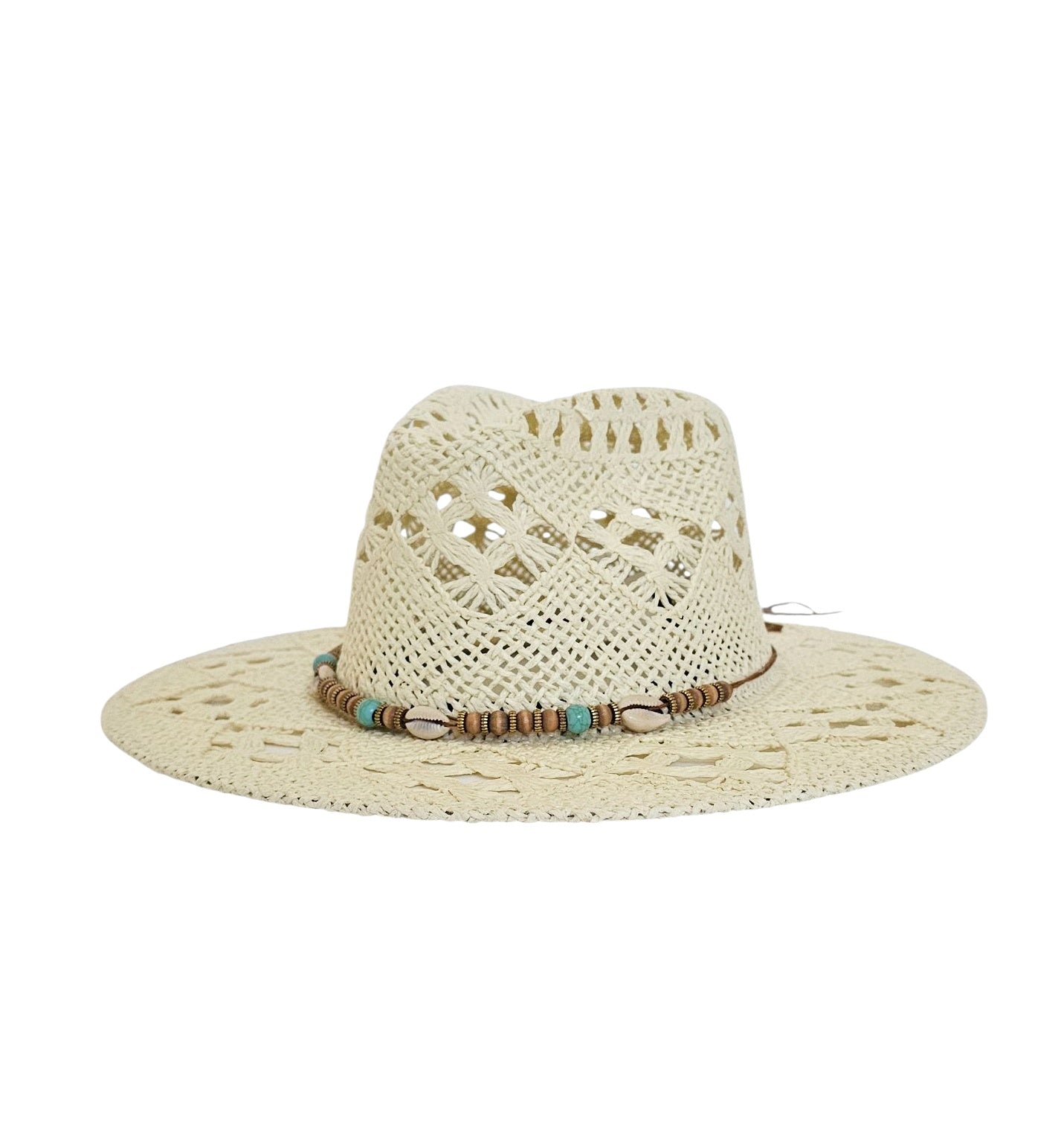 Beige straw hat with a decorative band on a white background