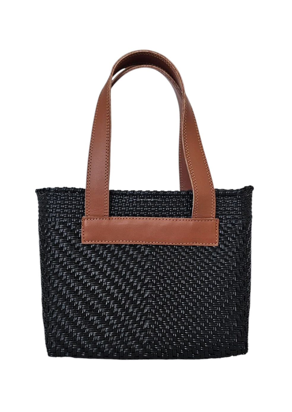 Black woven mini tote bag with brown leather handles. Designer Mavis by Herrera