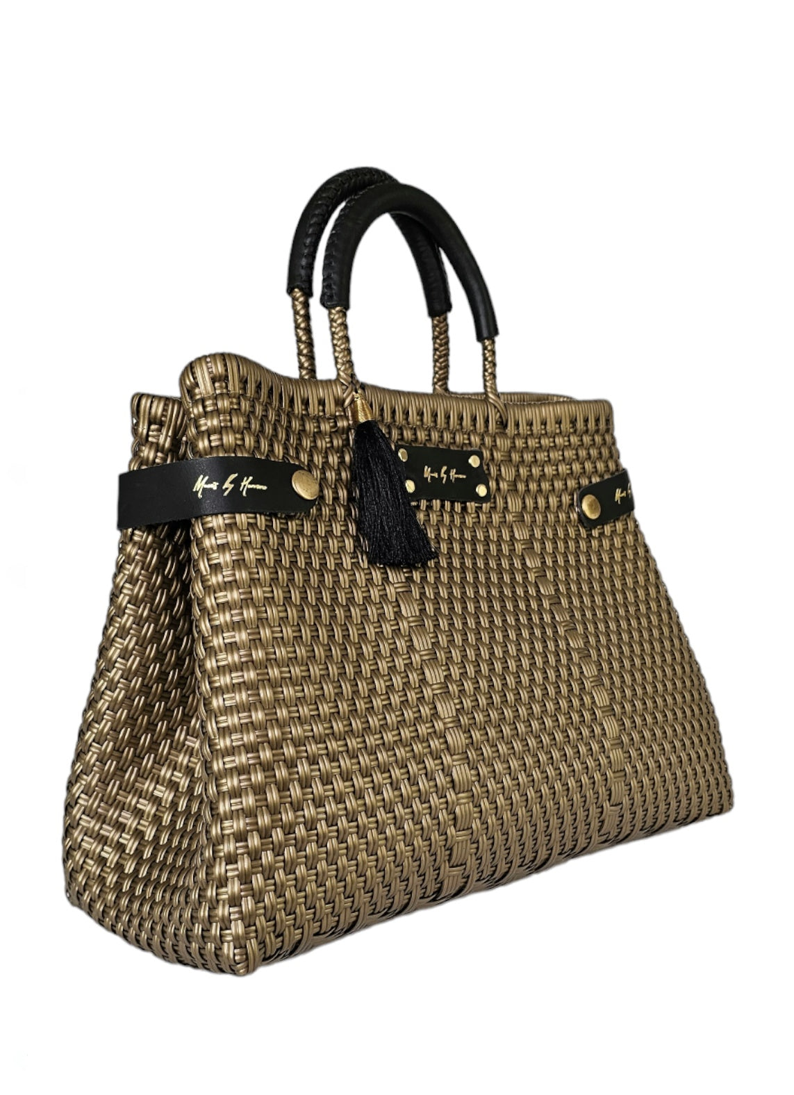 An eco-friendly, sustainable handbag in gold, featuring handles crafted from recycled leather.