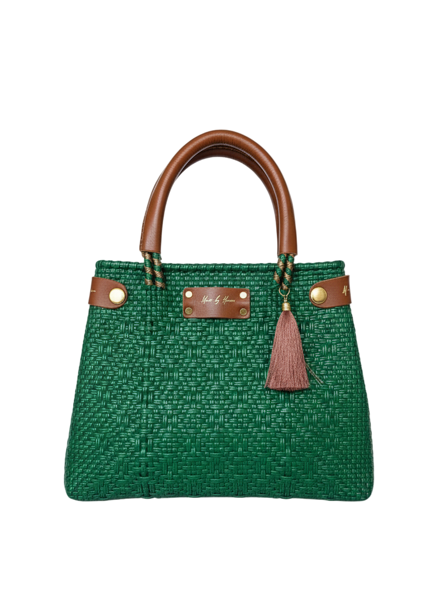 Green handbag with brown handle and tassel from Mavis by Herrera