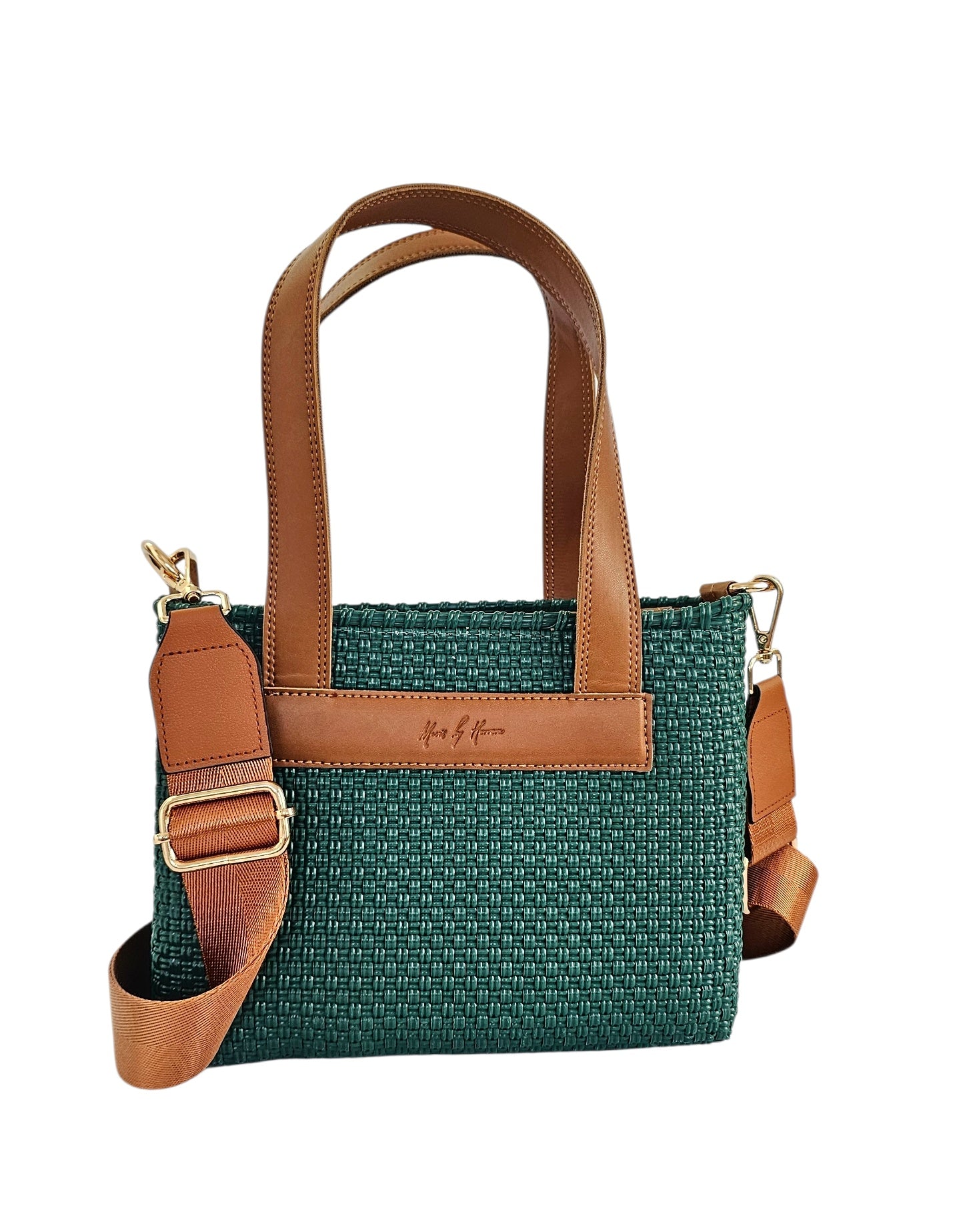 Green handbag with brown straps on a white background