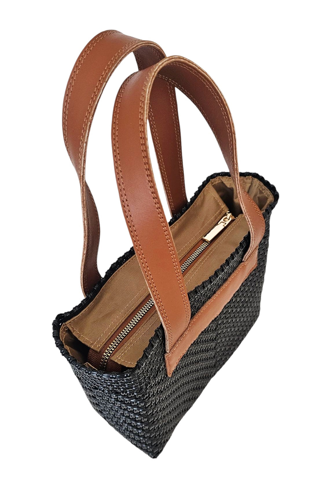 Luxury mini tote bag handwoven with leather handles in black color