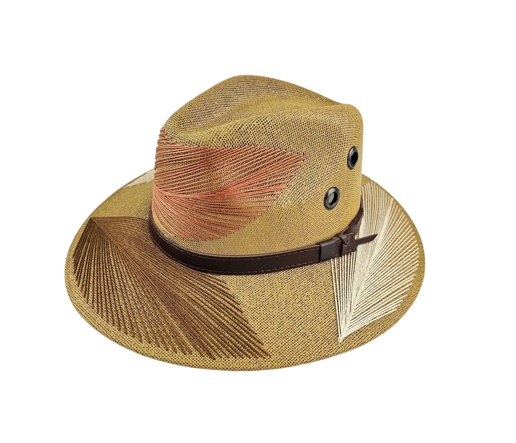 A woven fedora-style hat in tan and brown with a dark brown band, shown on a plain white background.