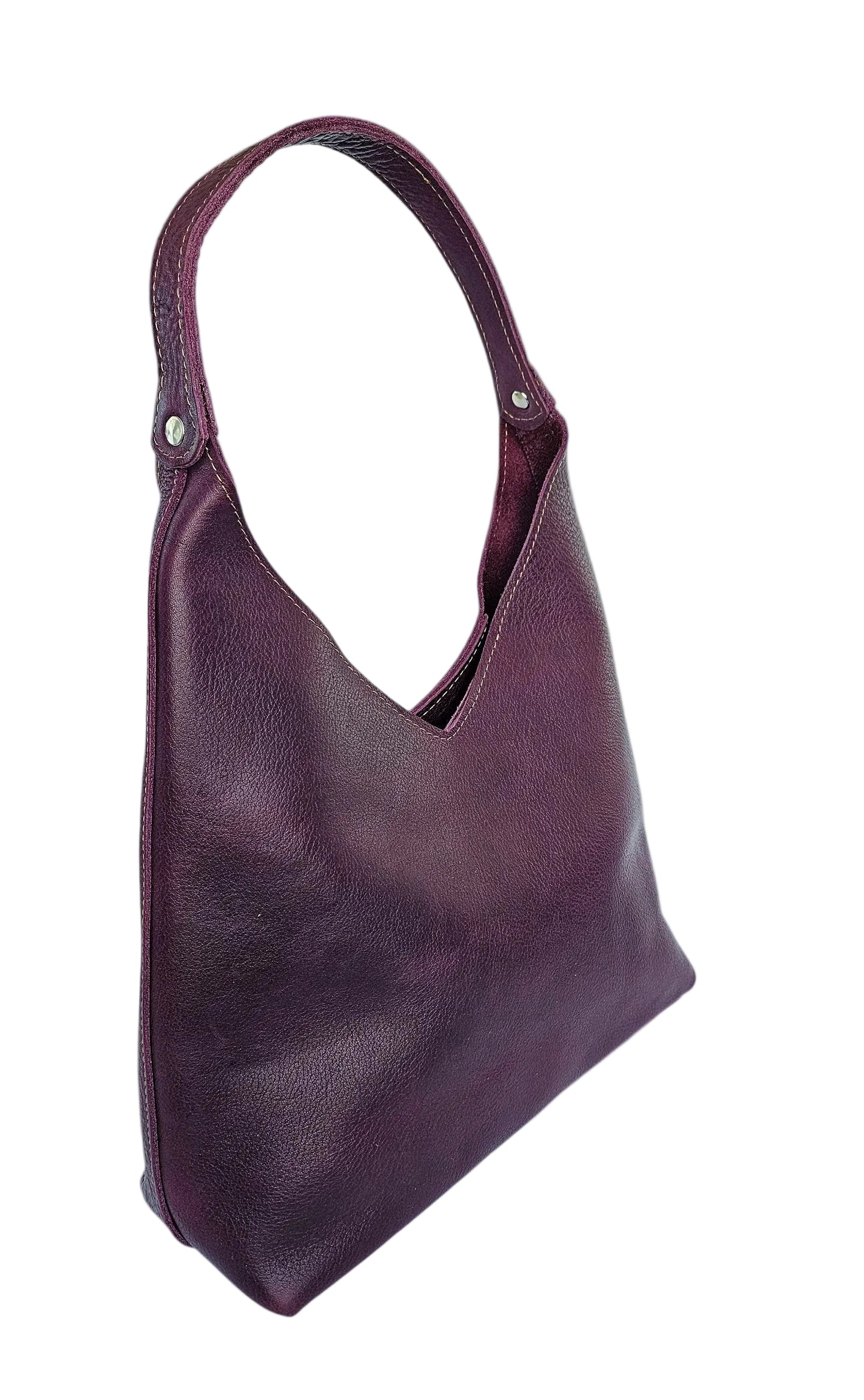 Purple leather shoulder handbag on a white background
