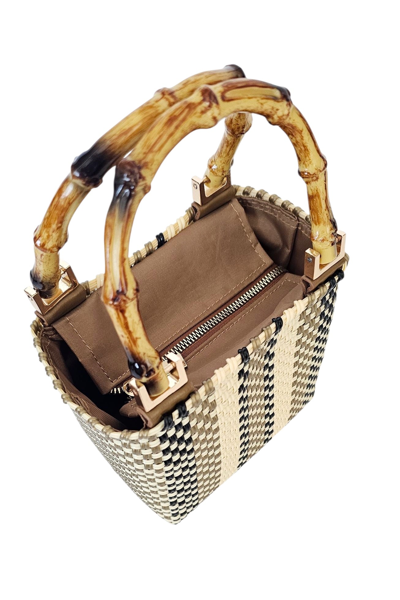 Resort chic mini handbag with bamboo handles and zipper closure
