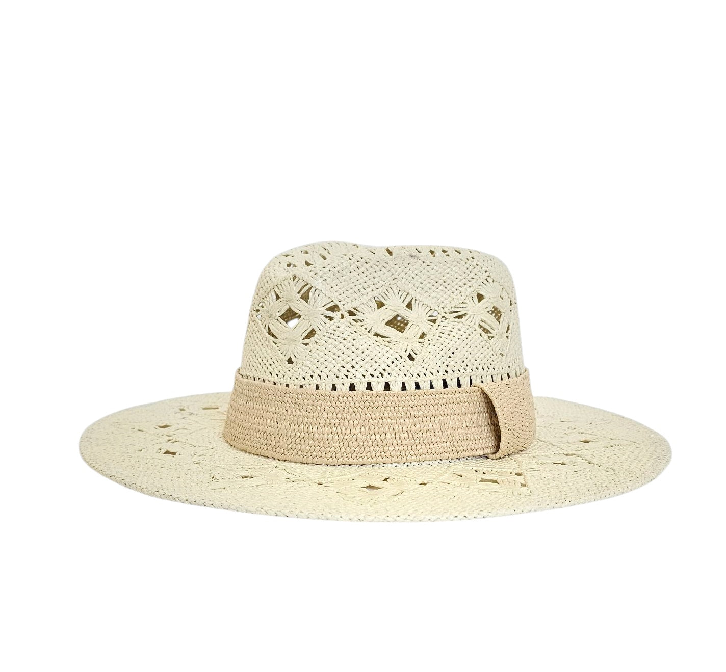Beige straw hat with a wide brim on a white background