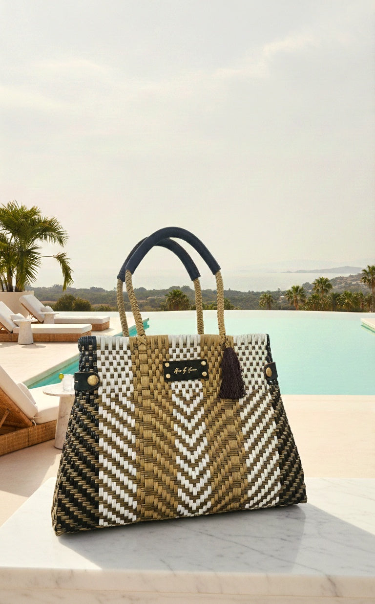 Woven artisan handbag resort wear in brown color