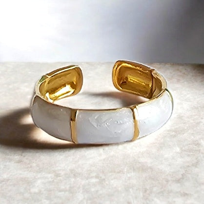 Amoré Enamel Adjustable Ring: white enamel open ring with gold-tone edges, front view.