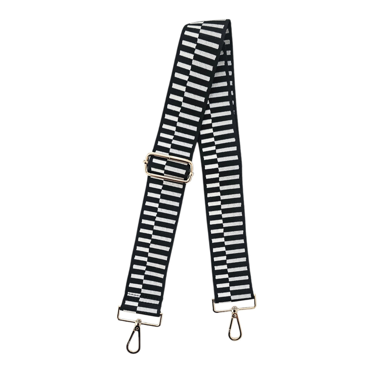 Bag Strap for Crossbody - Black: black and white patterned adjustable crossbody bag strap with metal clips.