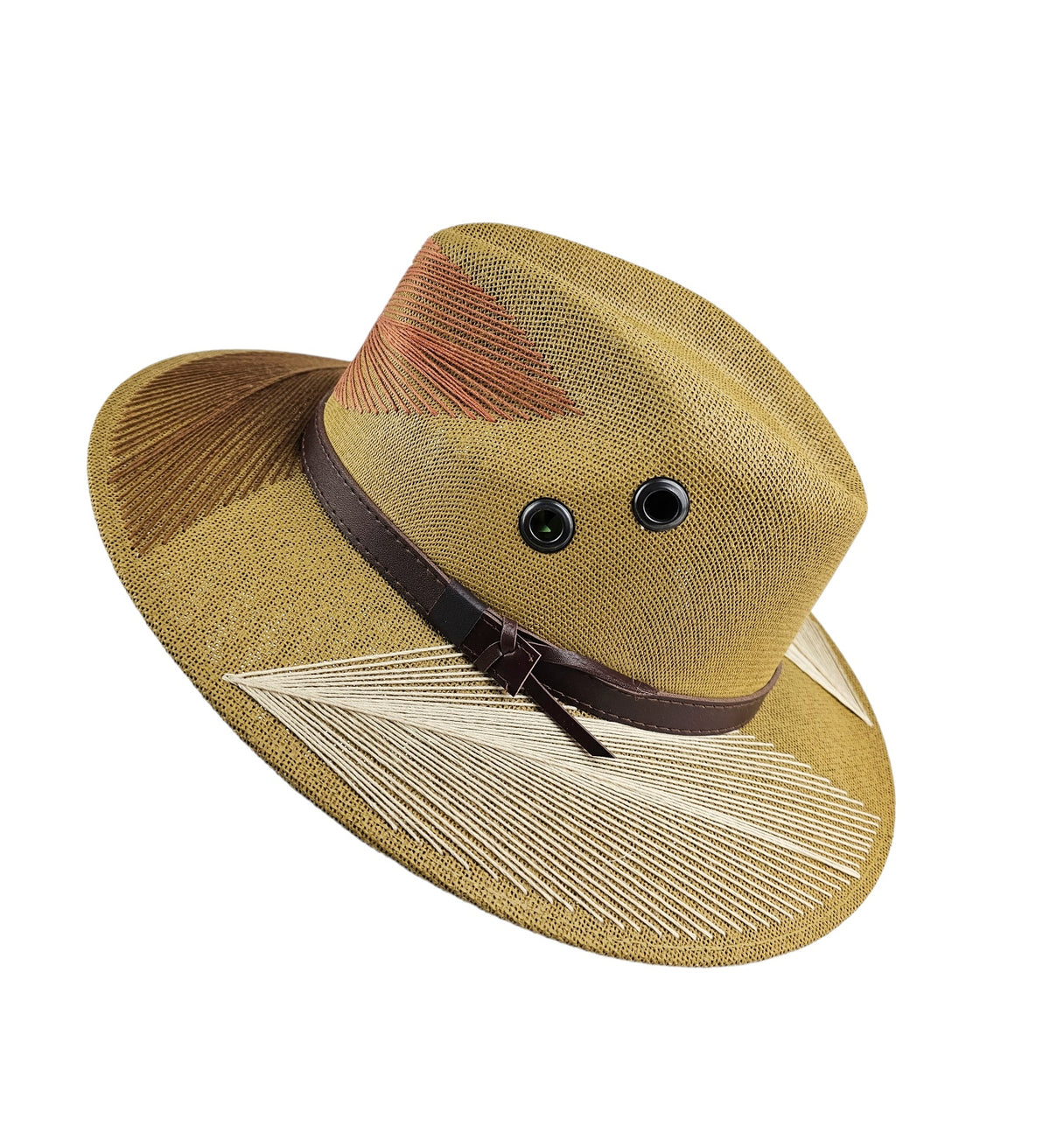 Cabana Embroidered Fedora Hat - Brown: brown fedora with embroidered crown and black hatband, angled view.