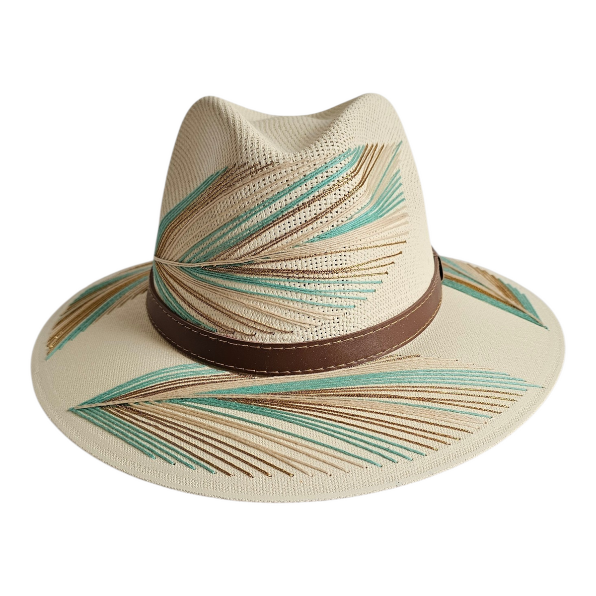 Cabana Embroidered Fedora Hat - Turquoise: ivory fedora with turquoise and tan embroidery, angled view.