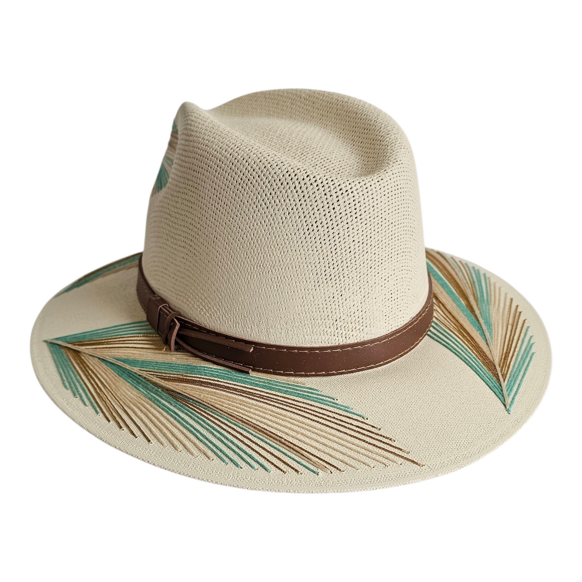 Cabana Embroidered Fedora Hat - Turquoise: ivory fedora with turquoise and tan embroidery, front view.
