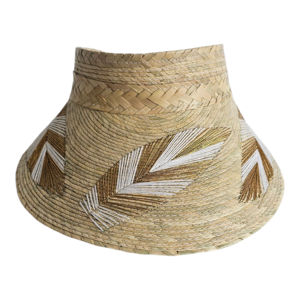 Cabana Embroidered Visor - Gold Brown: natural woven visor with white and brown geometric embroidery, front view.