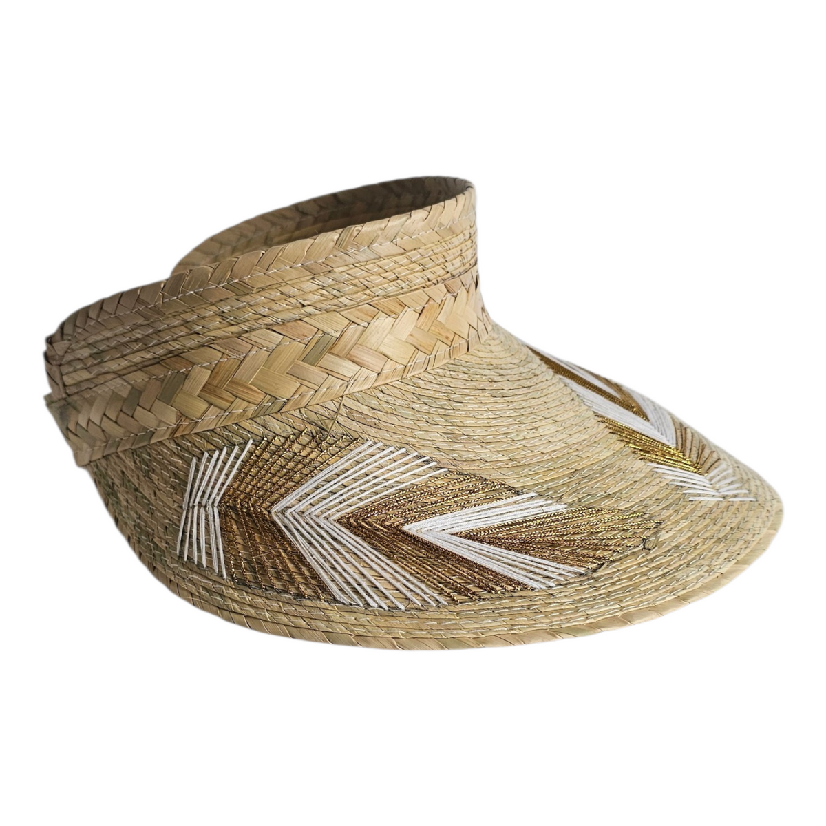 Cabana Embroidered Visor - Gold Brown: natural woven visor with white and brown embroidery, side view.