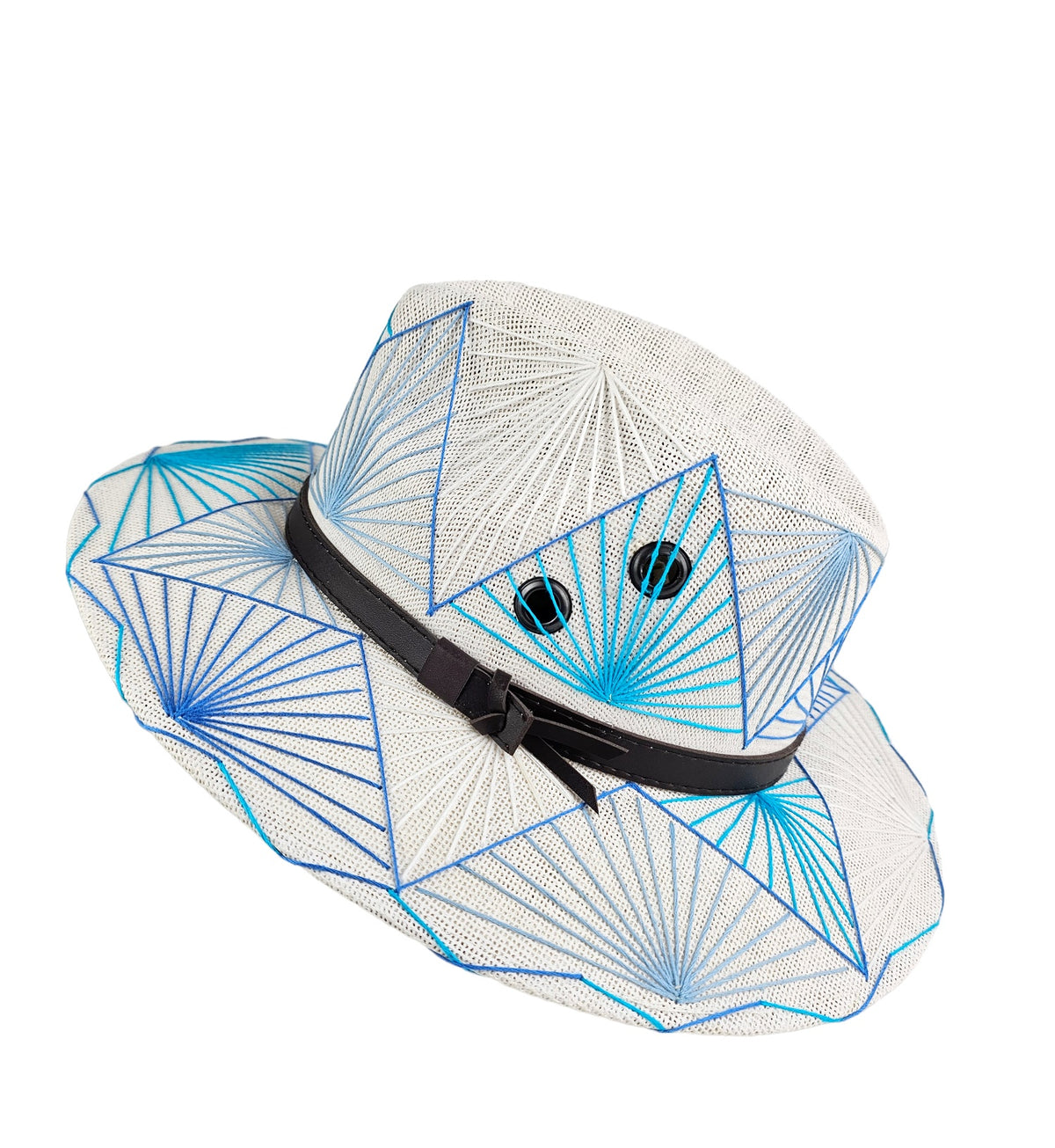 Cielito Lindo Fedora Hat: white embroidered fedora with turquoise accents, angled view.