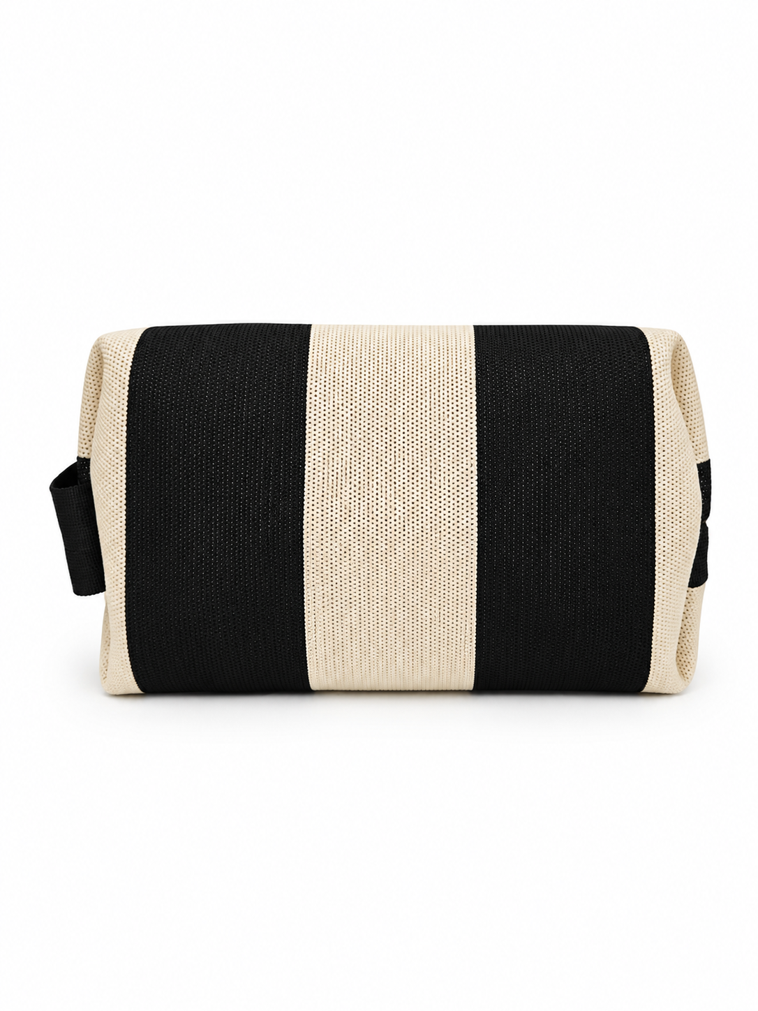 A rectangular canvas pouch with a black and cream vertical stripe pattern, shown against a plain white background.
