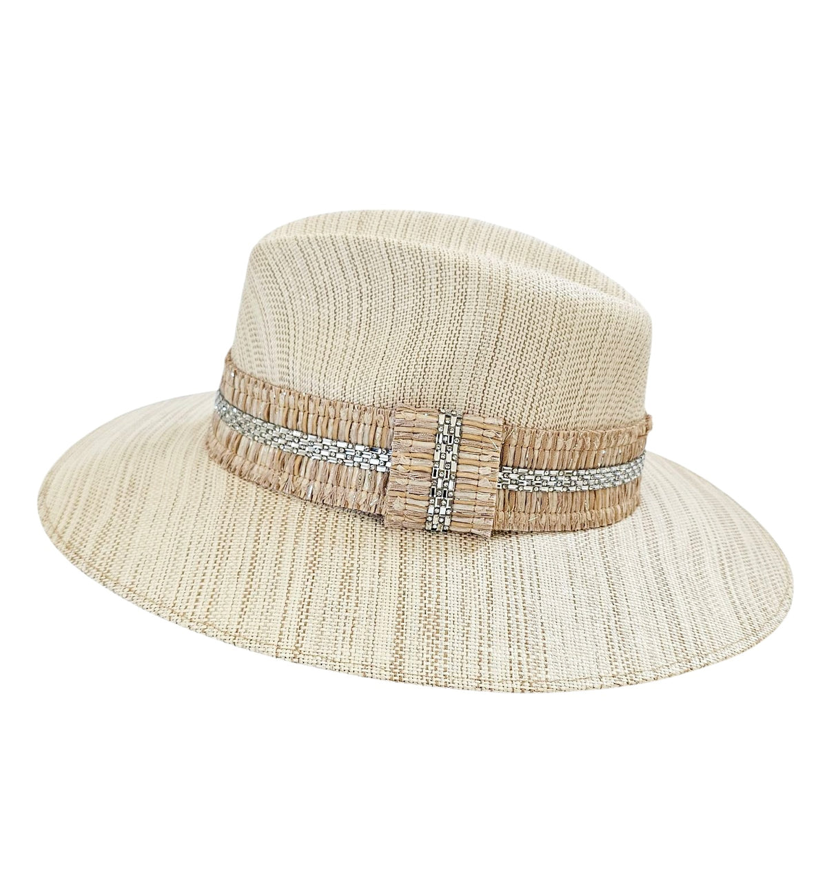 Crystalline Radiance Resort Hat: ivory resort fedora with sparkling hatband, side view.