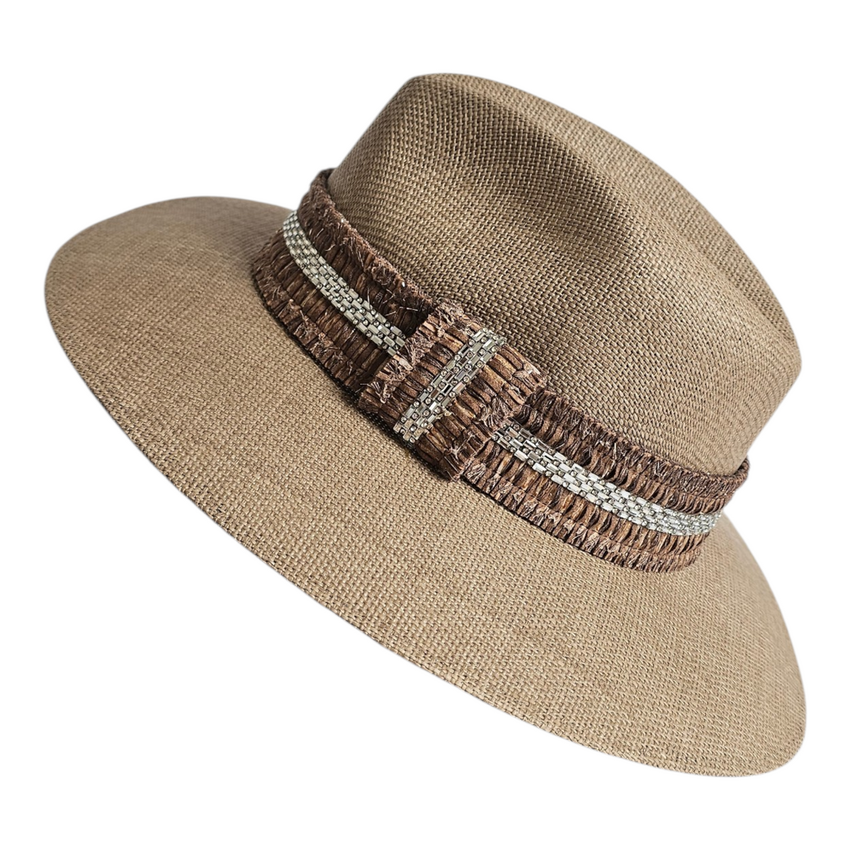 Crystalline Radiance Resort Hat - Terra: terra brown fedora with sparkling hatband, overhead angled view.