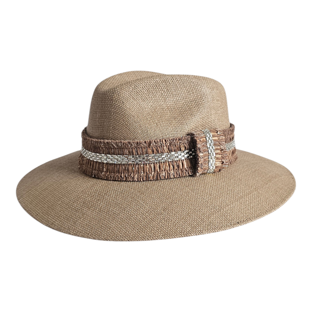Crystalline Radiance Resort Hat - Terra: terra brown fedora with sparkling hatband, side view.
