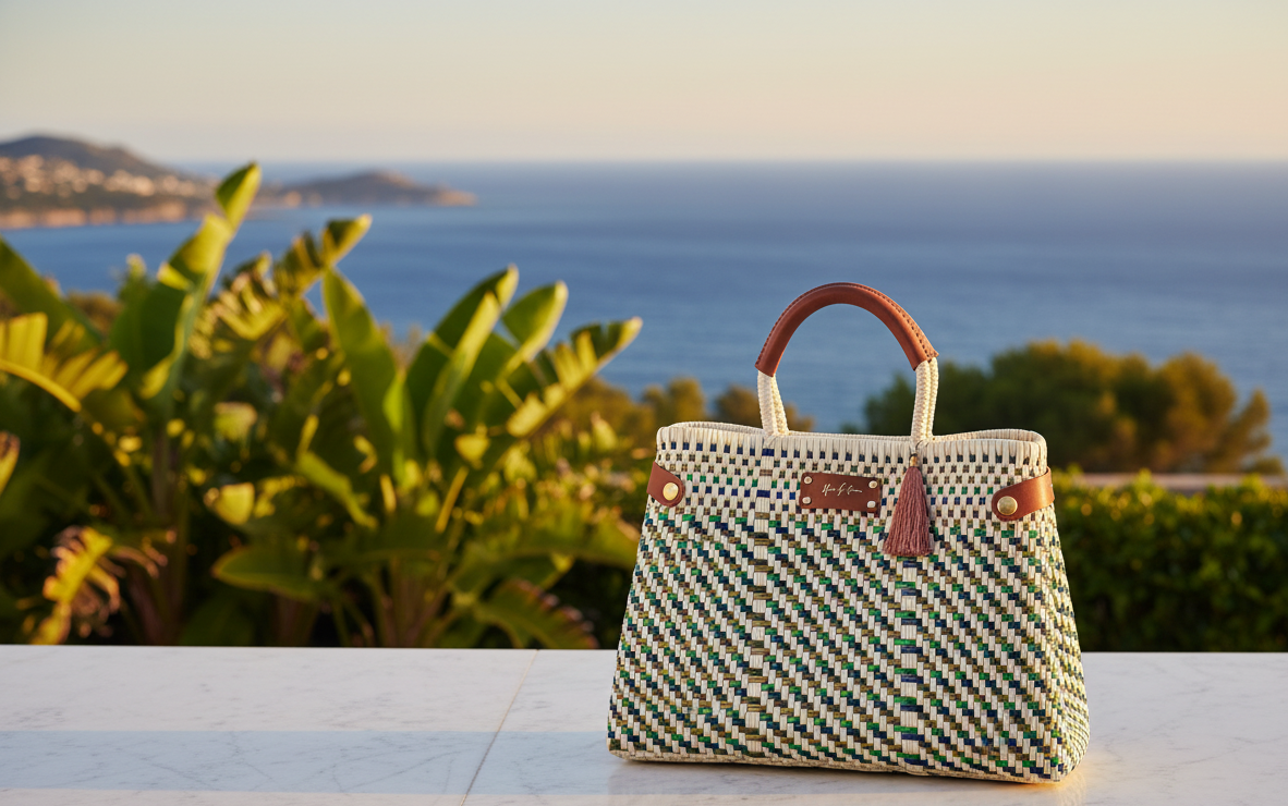 Evergreen Coast handwoven convertible handbag in a sunlit resort setting