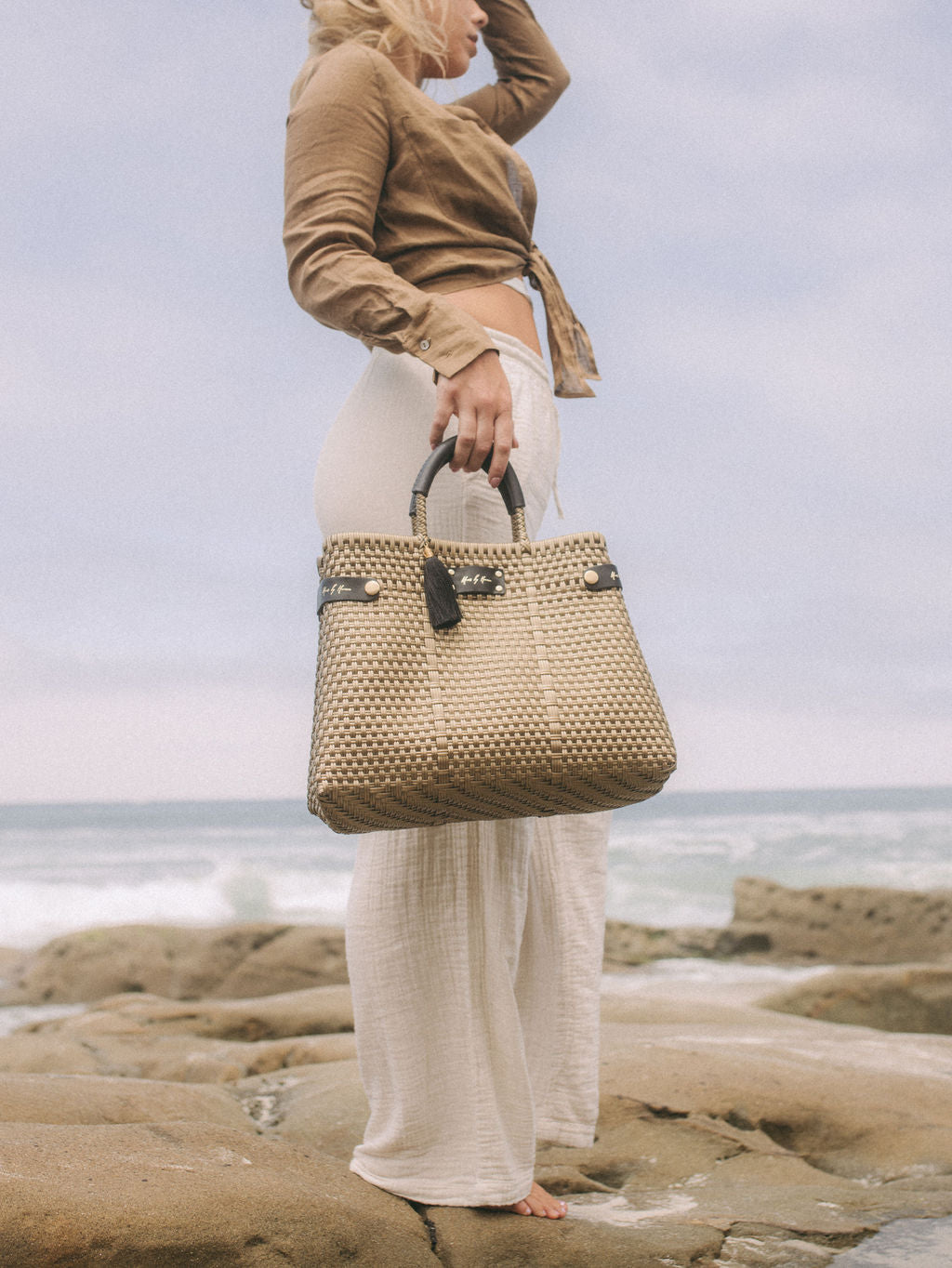 Less Pollution Convertible Handbag – Gold — handwoven recycled-plastic convertible handbag and tote by Mavis by Herrera