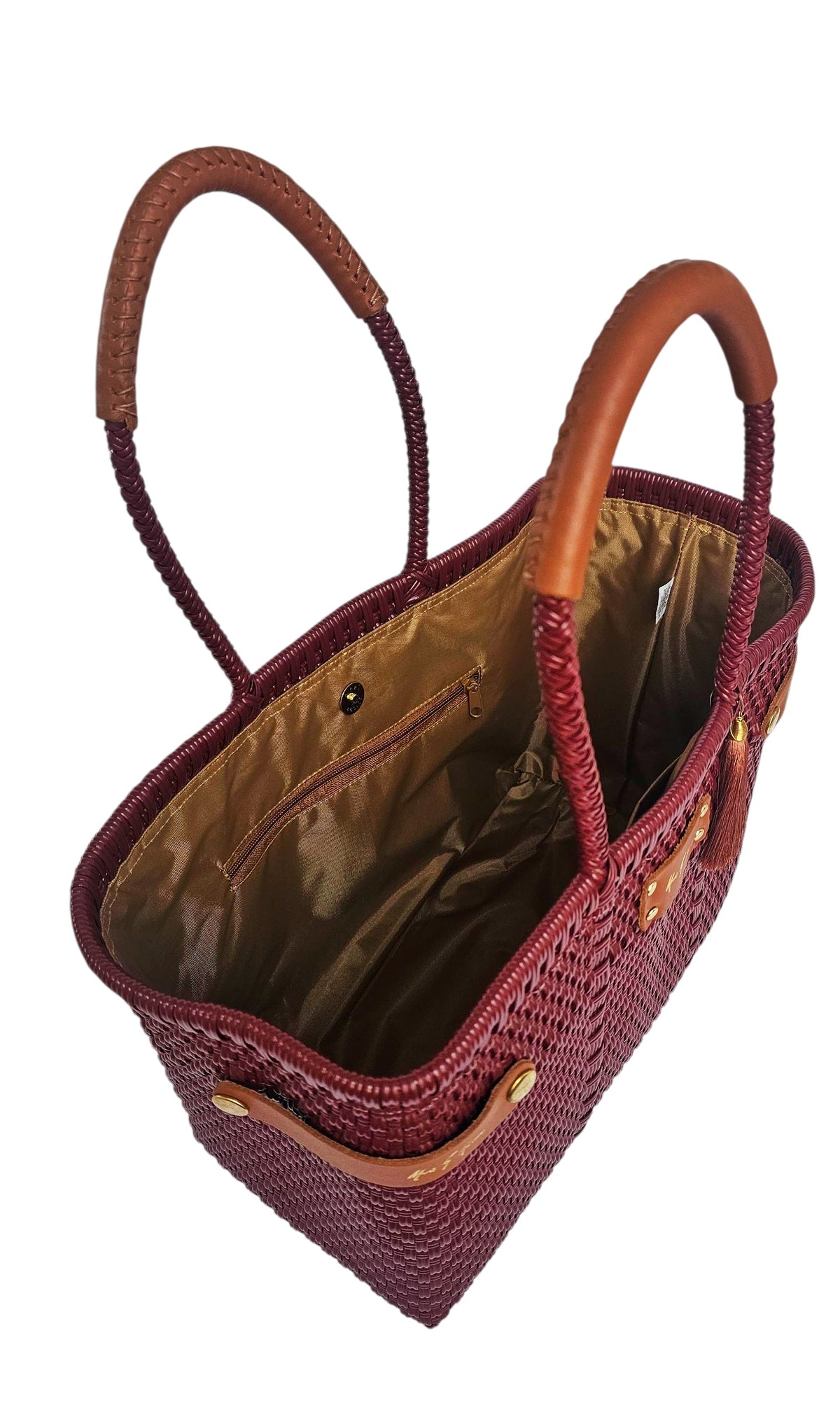 Less Pollution Convertible Handbag to Tote – Burgundy — handwoven recycled-plastic convertible handbag and tote by Mavis…