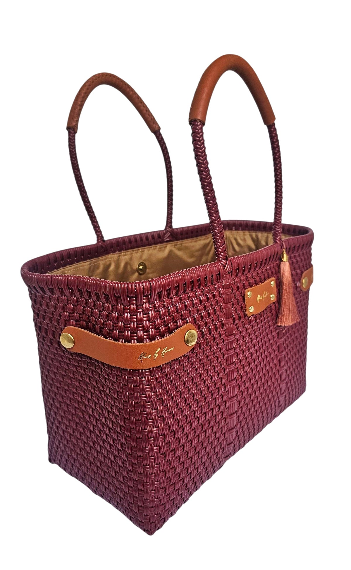 Less Pollution Convertible Handbag to Tote – Burgundy — handwoven recycled-plastic convertible handbag and tote by Mavis…