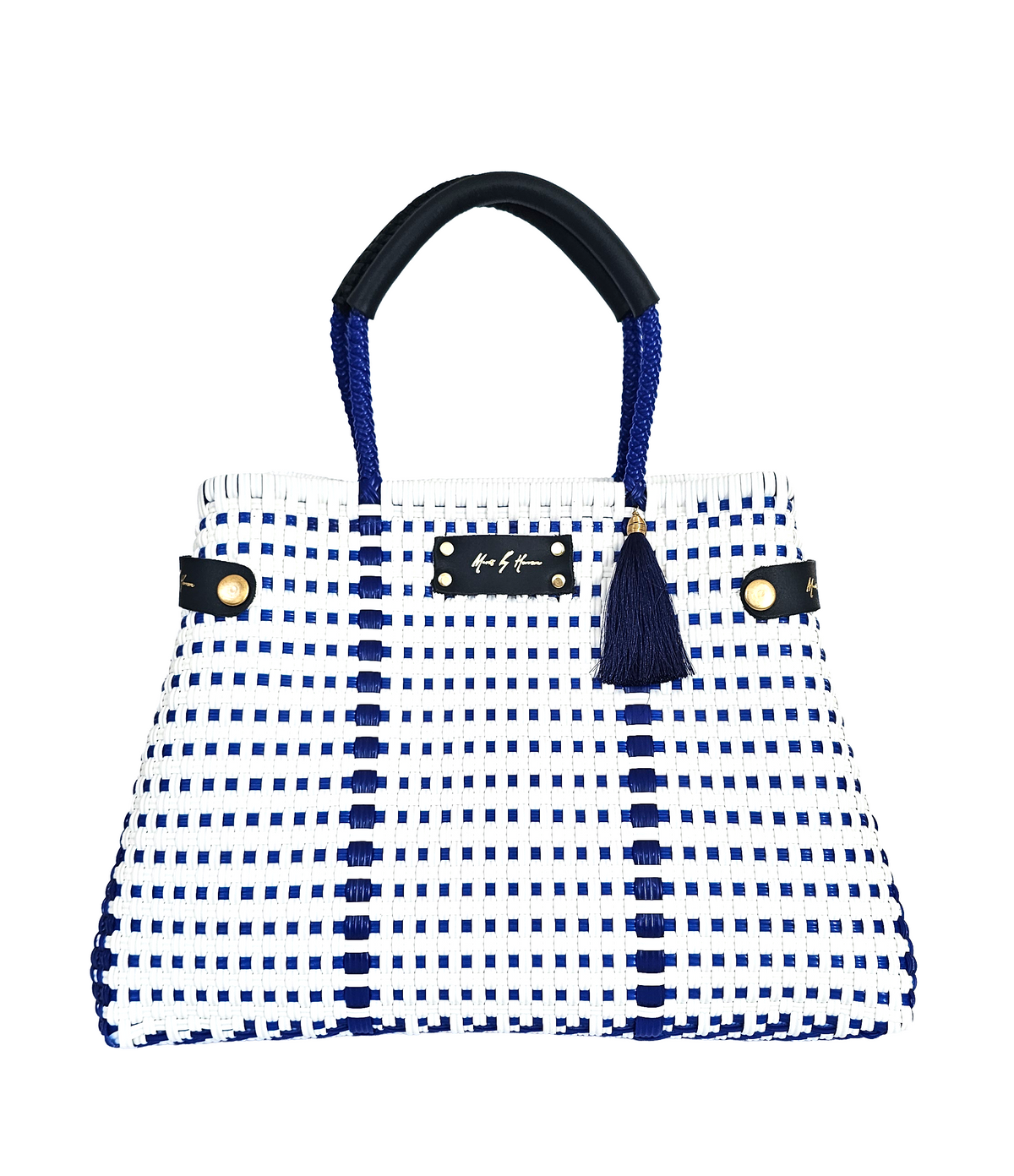 Less Pollution Convertible Handbag to Tote- Capri Blue: blue and white striped woven handbag with dark handles, front view.