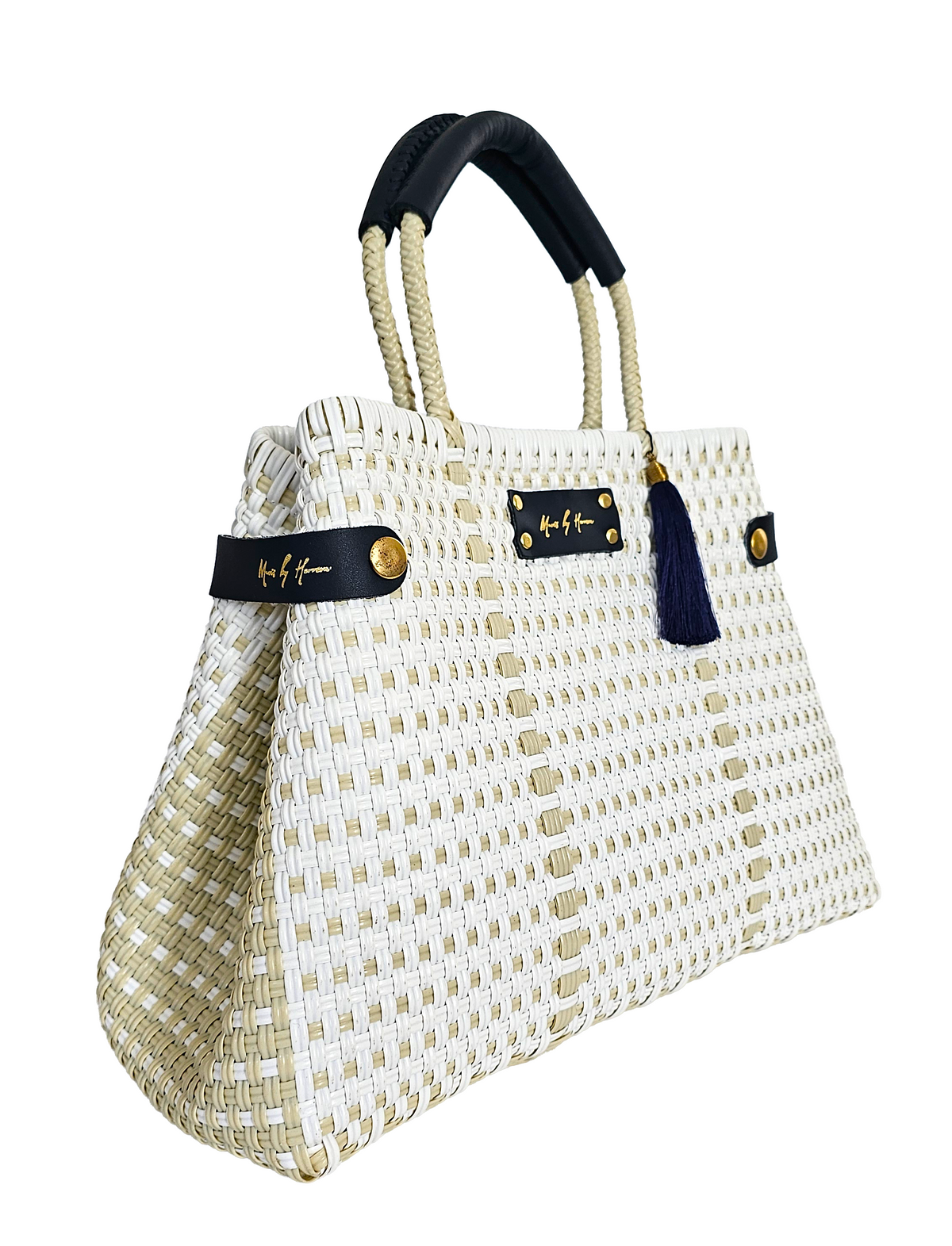 Less Pollution Convertible Handbag – Capri Ivory — handwoven recycled-plastic convertible handbag and tote by Mavis by Herrera