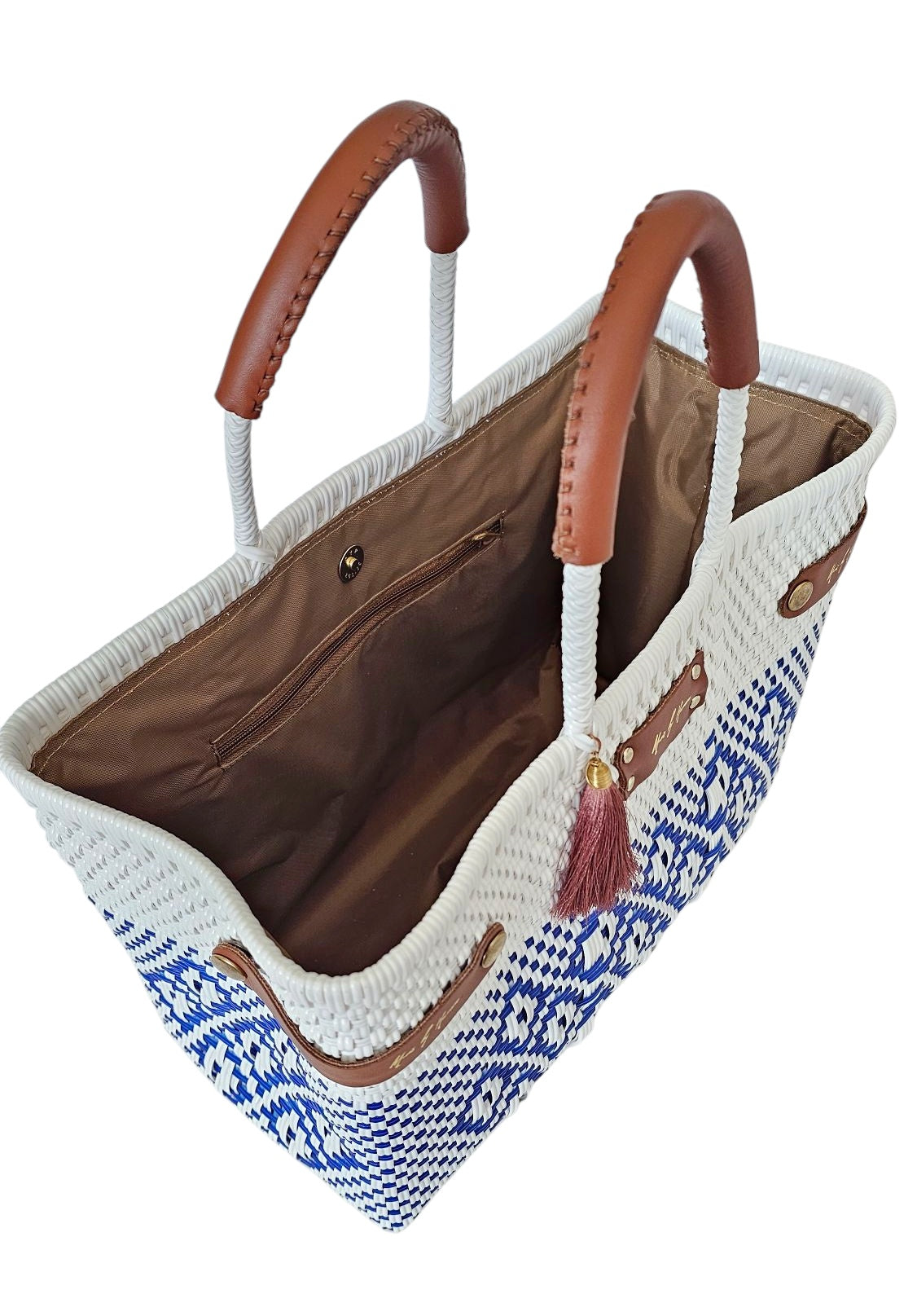 Less Pollution Convertible Handbag – French Blue — handwoven recycled-plastic convertible handbag and tote by Mavis by Herrera