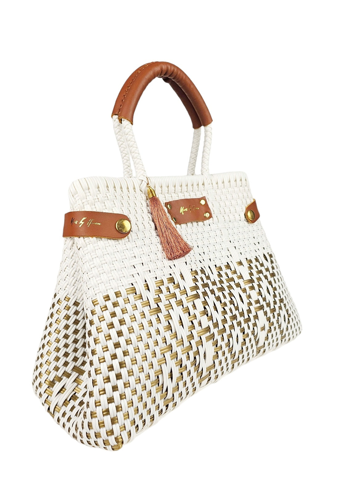 Less Pollution Convertible Handbag to Tote – French Gold — handwoven recycled-plastic convertible handbag and tote by Mavis by Herrera