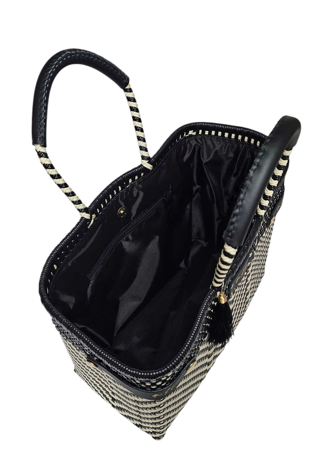 Less Pollution Convertible Handbag – Luxe Ivory Black — handwoven recycled-plastic convertible handbag and tote by Mavis…