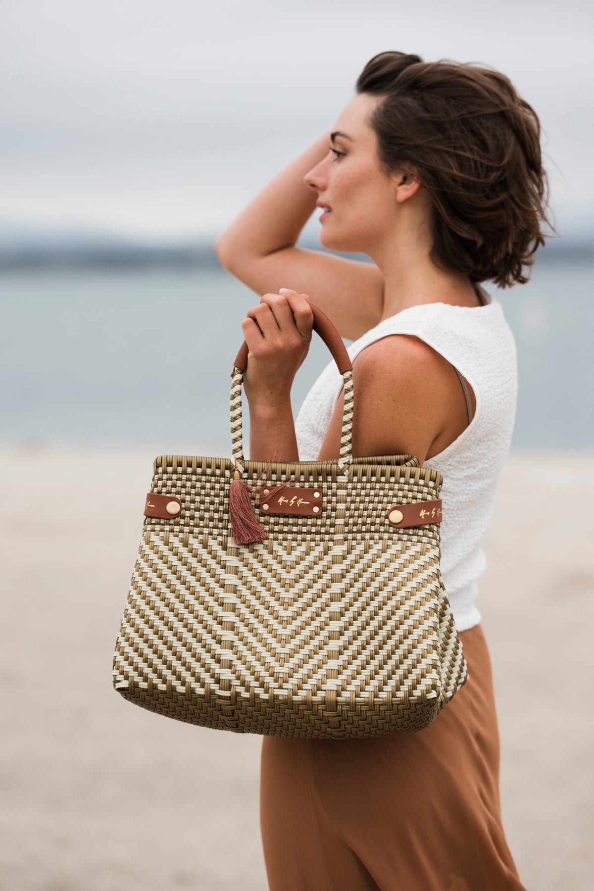 Less Pollution Convertible Handbag – Luxe Ivory Gold — handwoven recycled-plastic convertible handbag and tote by Mavis…