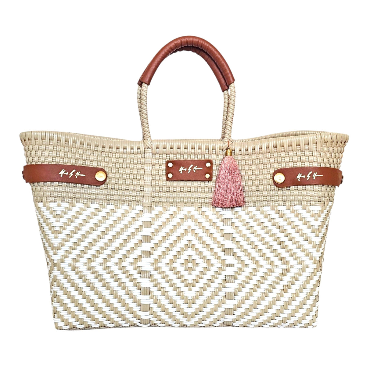 Less Pollution Convertible Handbag to Tote - Solenne: ivory and tan geometric-woven bag expanded into tote shape.