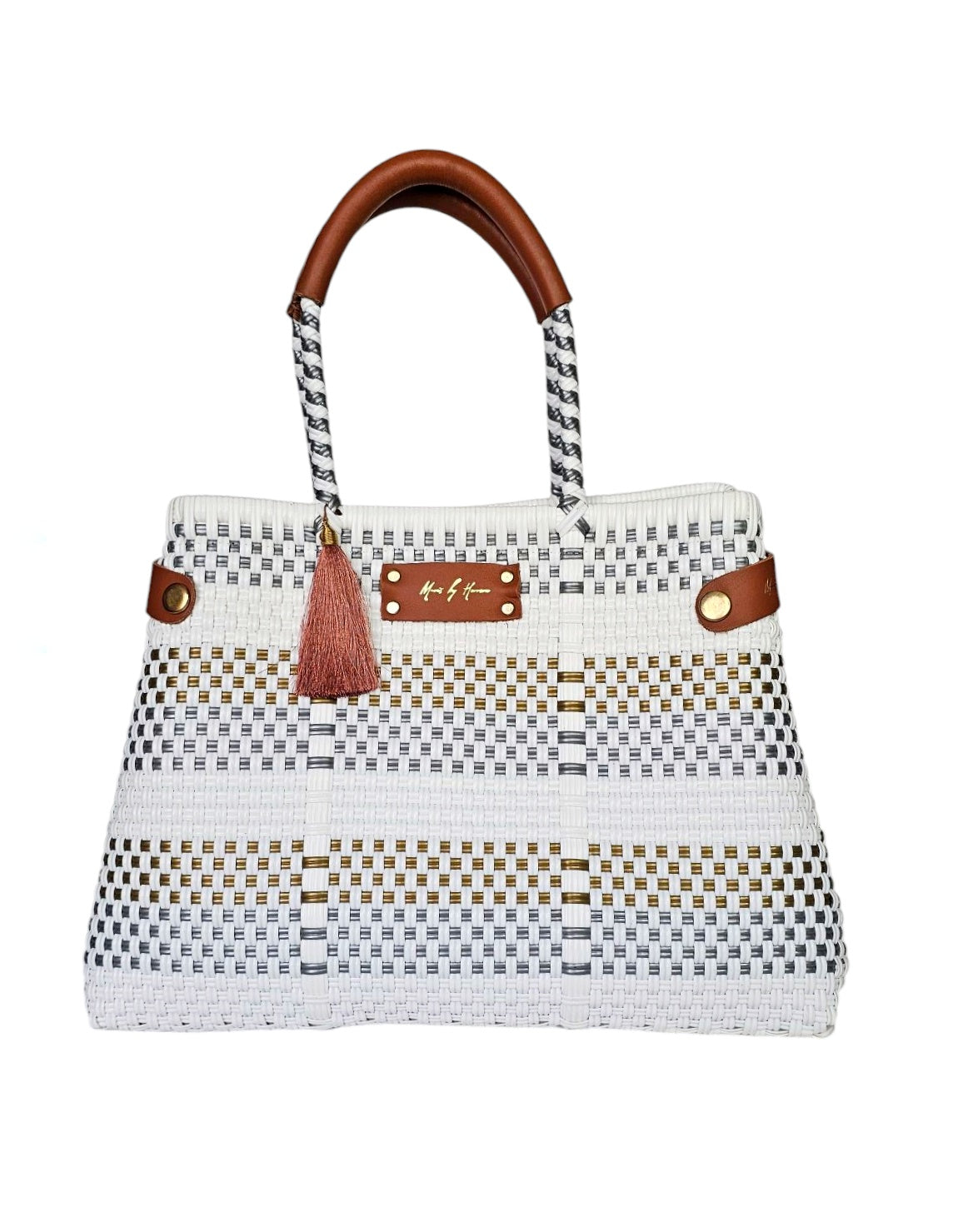 Less Pollution Convertible Tote Handbag – White Paradise — handwoven recycled-plastic convertible handbag and tote by Mavis by Herrera