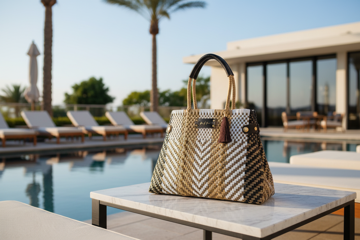 Luxury resort lifestyle photo with Champagne convertible handbag
