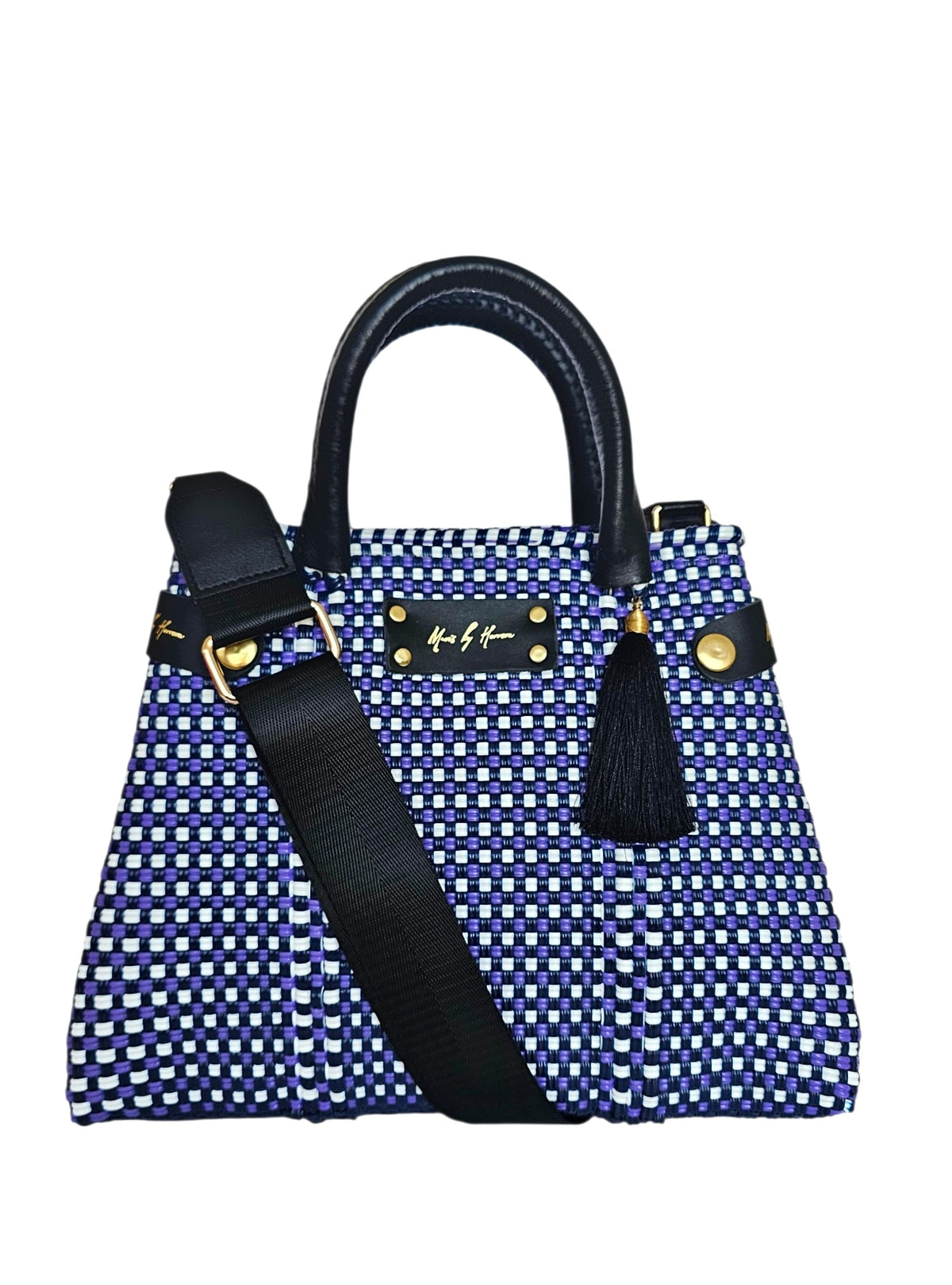 Mini Less Pollution Convertible Crossbody Bag - Coastal Breeze: blue and ivory mini woven handbag with black handles and crossbody strap.