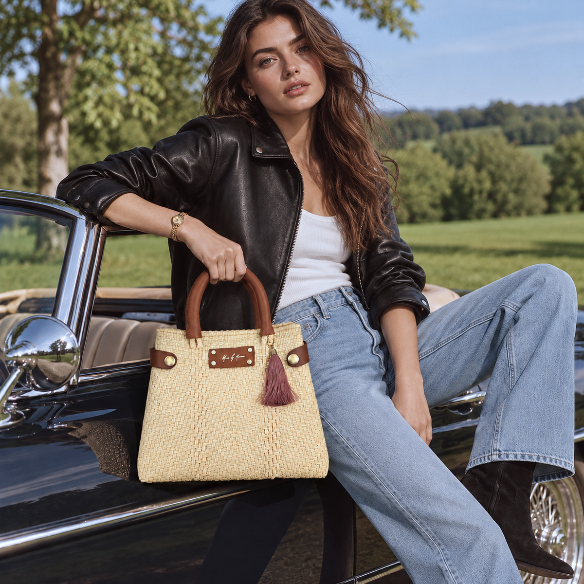 Mini Less Pollution Convertible Crossbody & Tote Bag – Costa Ivory: woman carrying an ivory mini handbag beside a vintage car.