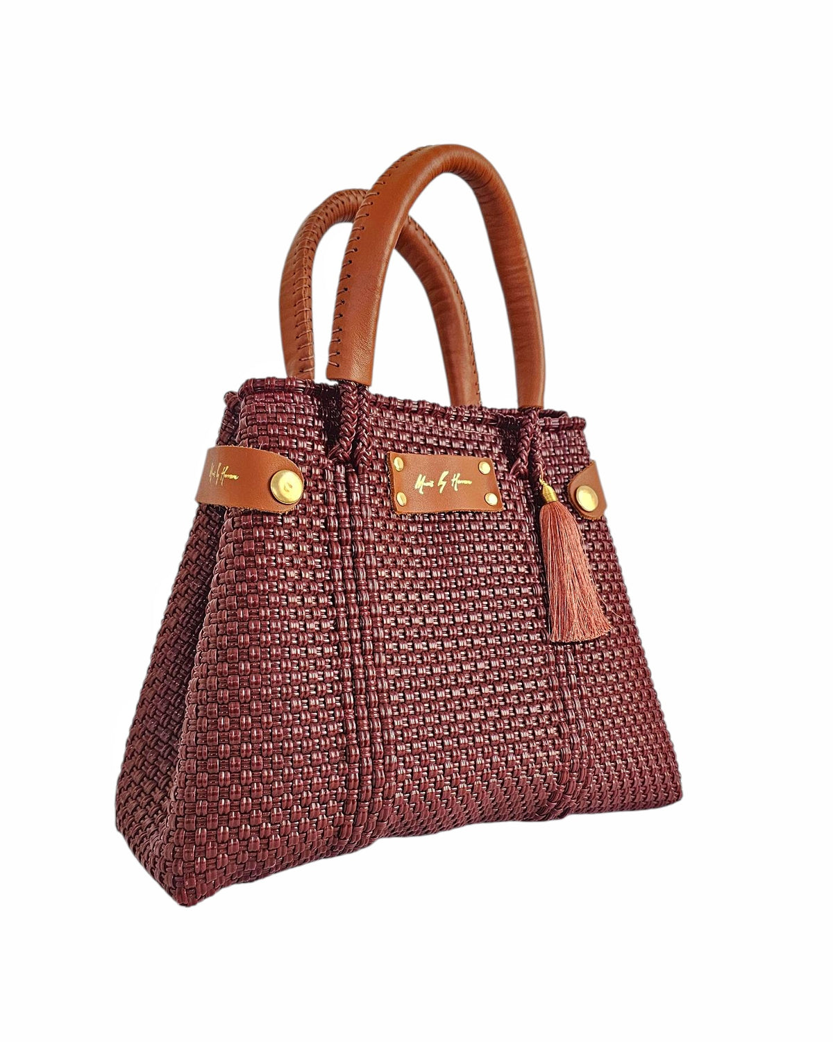 Mini Less Pollution Crossbody Bag - Burgundy: burgundy mini woven handbag with brown leather handles, angled view.