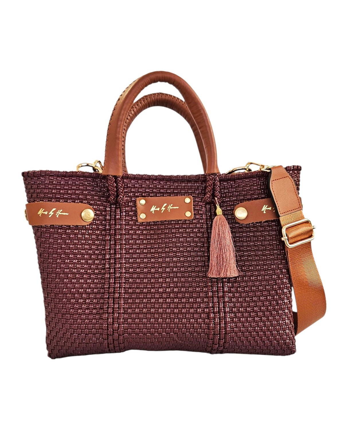 Mini Less Pollution Crossbody Bag - Burgundy: burgundy mini woven handbag with brown handles and shoulder strap.