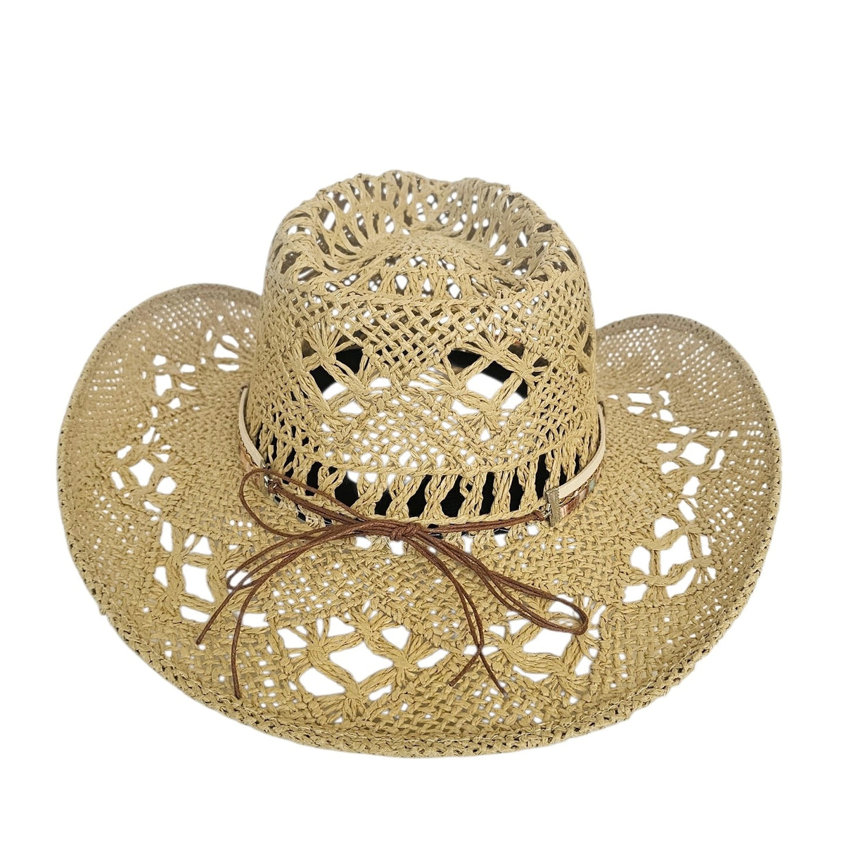 The Mojave Hat: natural openwork cowboy hat with colorful hatband, overhead view.