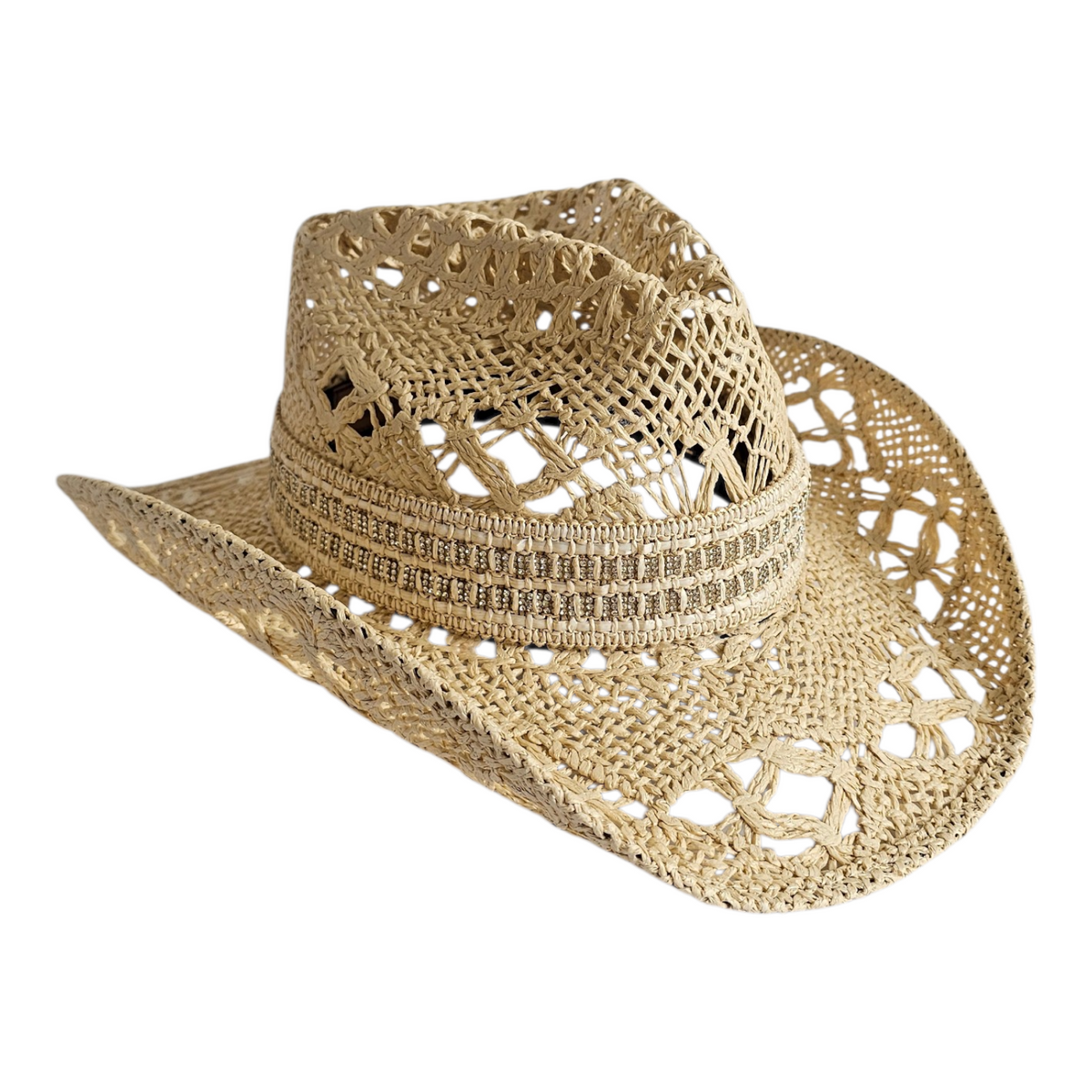 The Montecito Coastal Western Hat: woven western hat with openwork details and sparkling hatband, angled view.
