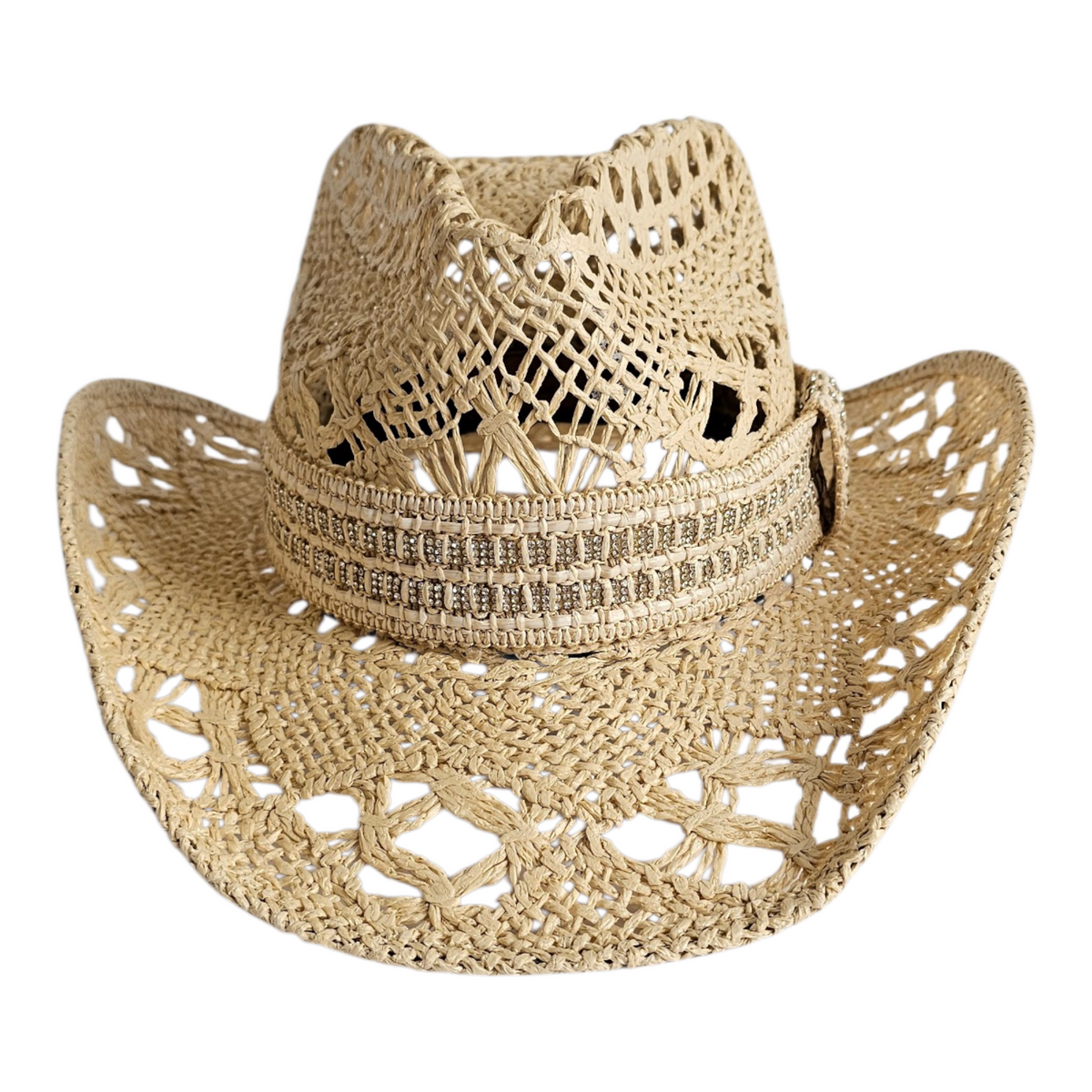 The Montecito Coastal Western Hat: woven western hat with sparkling hatband, front view.