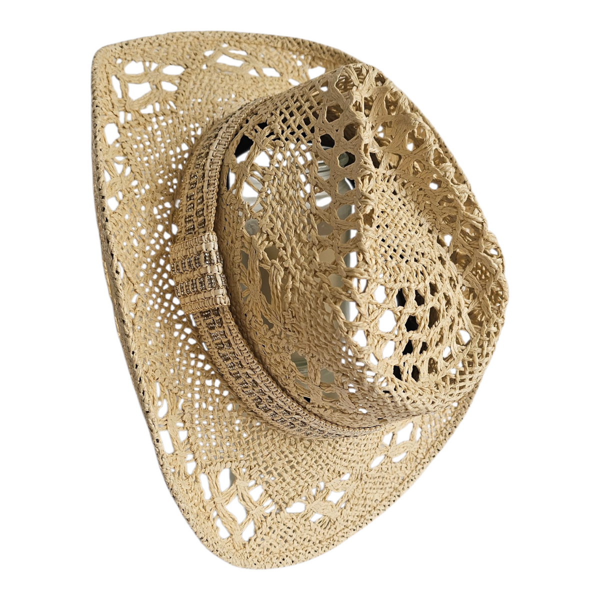 The Montecito Coastal Western Hat: woven western hat with sparkling hatband, overhead view.