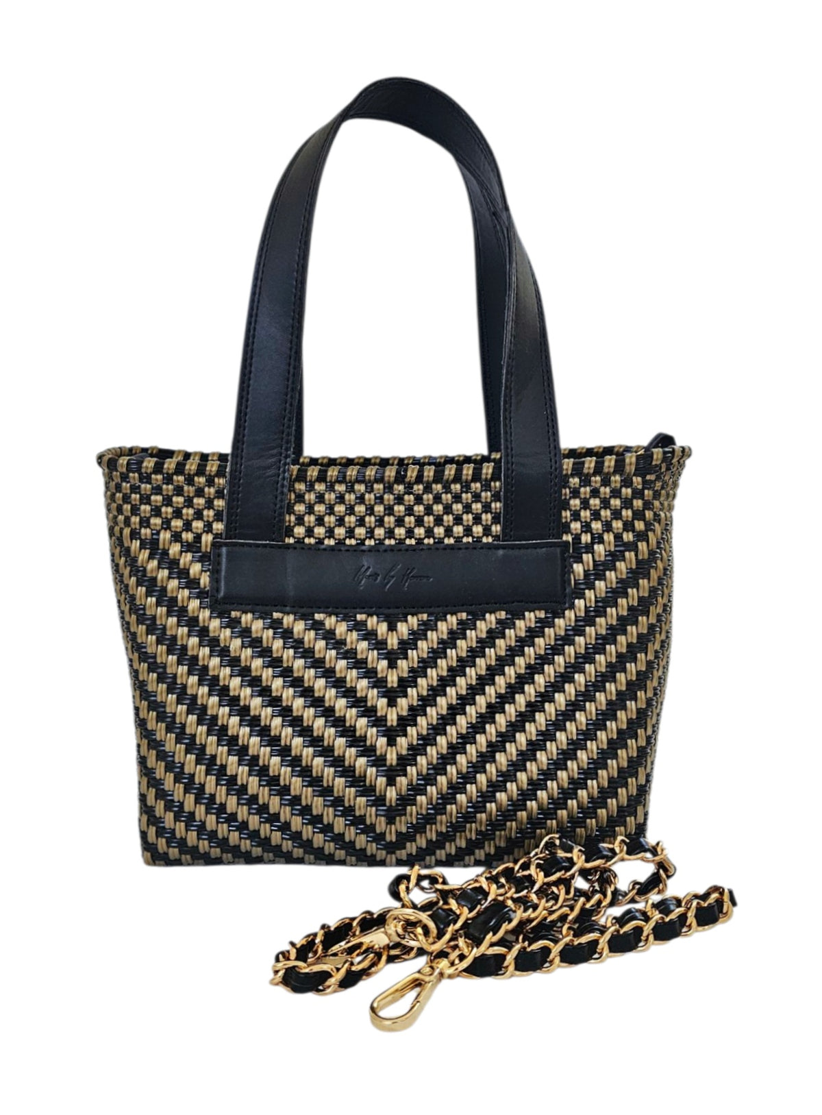 The Riviera Crossbody Tote – Black Gold — handwoven recycled-plastic convertible crossbody tote by Mavis by Herrera