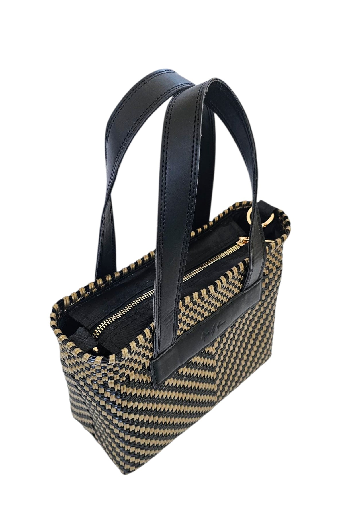 The Riviera Crossbody Tote – Black Gold — handwoven recycled-plastic convertible crossbody tote by Mavis by Herrera