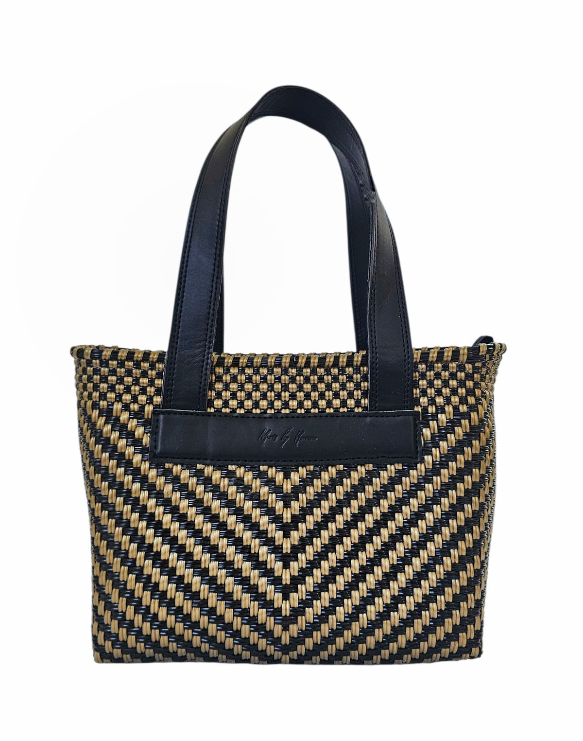 The Riviera Crossbody Tote – Black Gold — handwoven recycled-plastic convertible crossbody tote by Mavis by Herrera